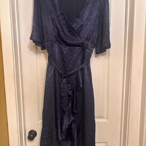 Lulus Wrapped Up In Love Navy Blue Satin Faux-Wrap Midi Dress